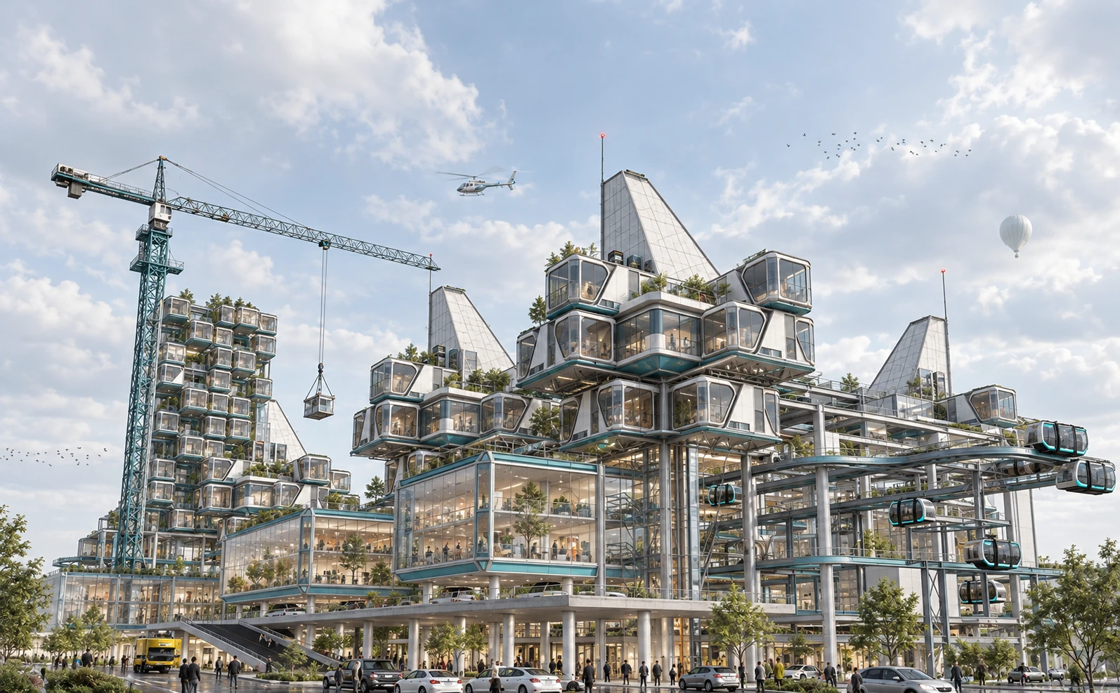 Future Elderscape rendered: capsule housing modules around a public podium, a cable-car line and a tower crane.